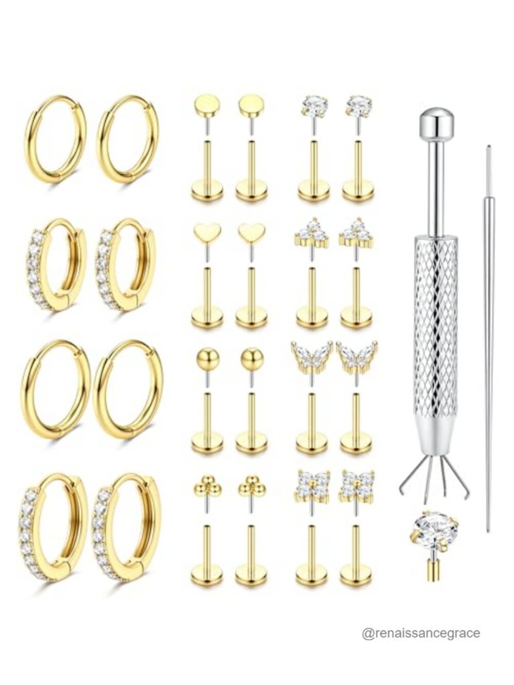 Threadless Flat Back Earrings Set for Women - 316L Surgical Steel, 14K Gold